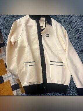 CHANEL Cream and Black Trim Knit Cardigan with CC Logo